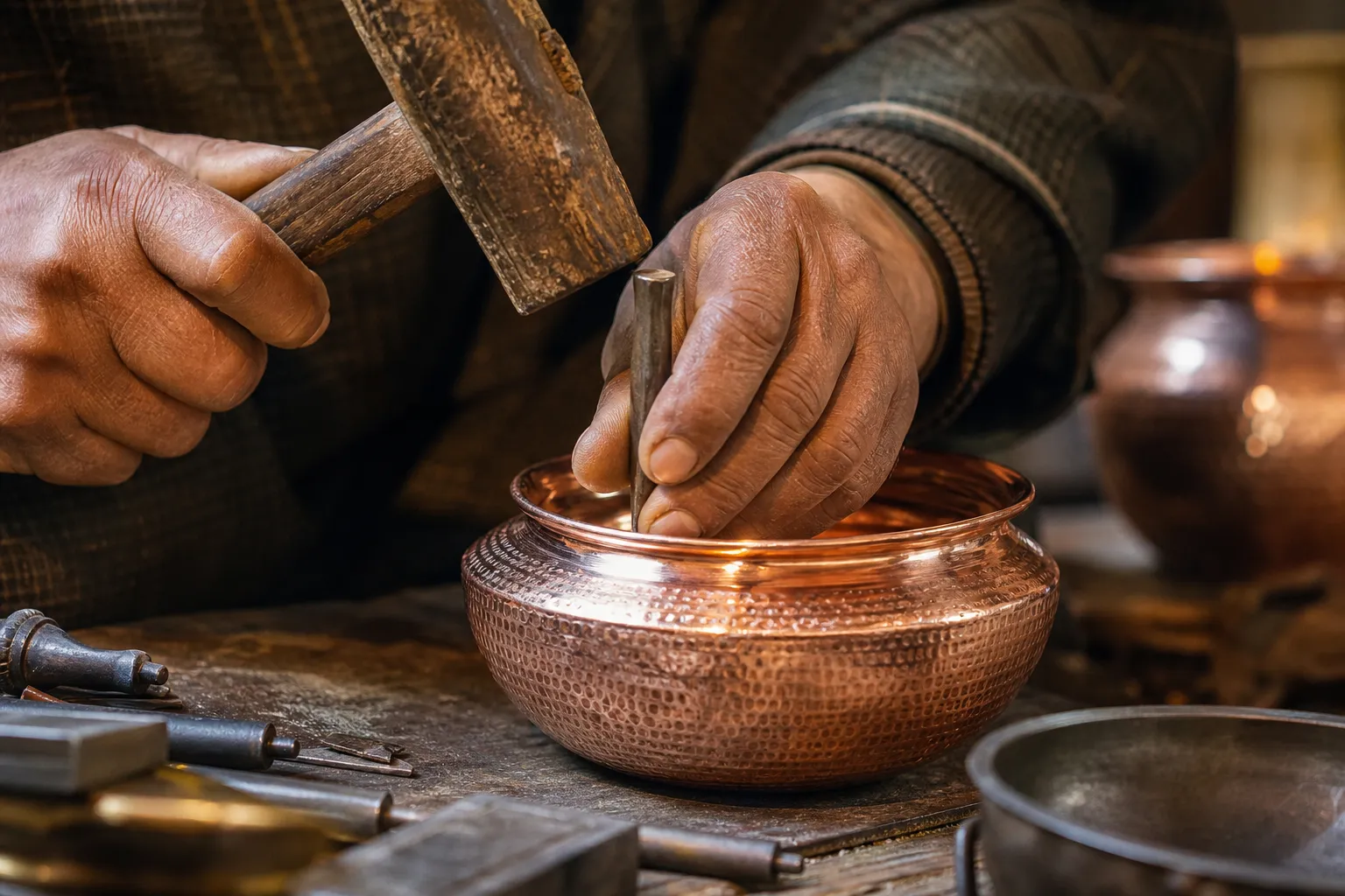 Close-up of traditional woodworking craftsmanship in Kashmir