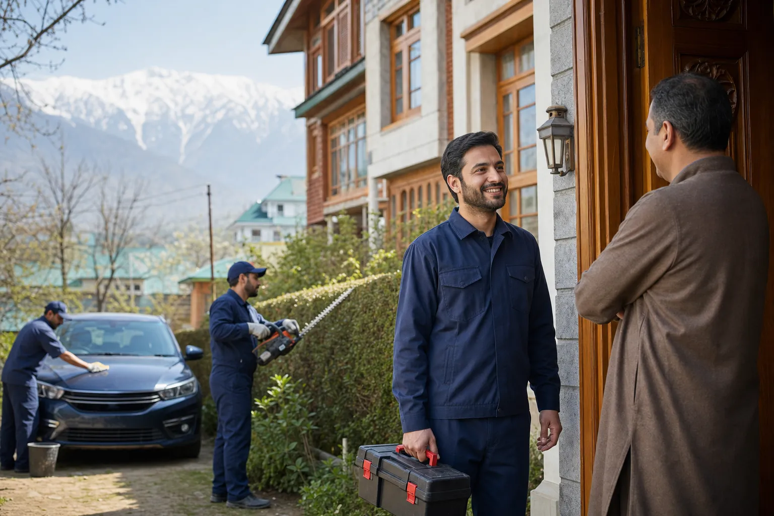 Panun Kaergar professional arriving at a Kashmiri home doorway