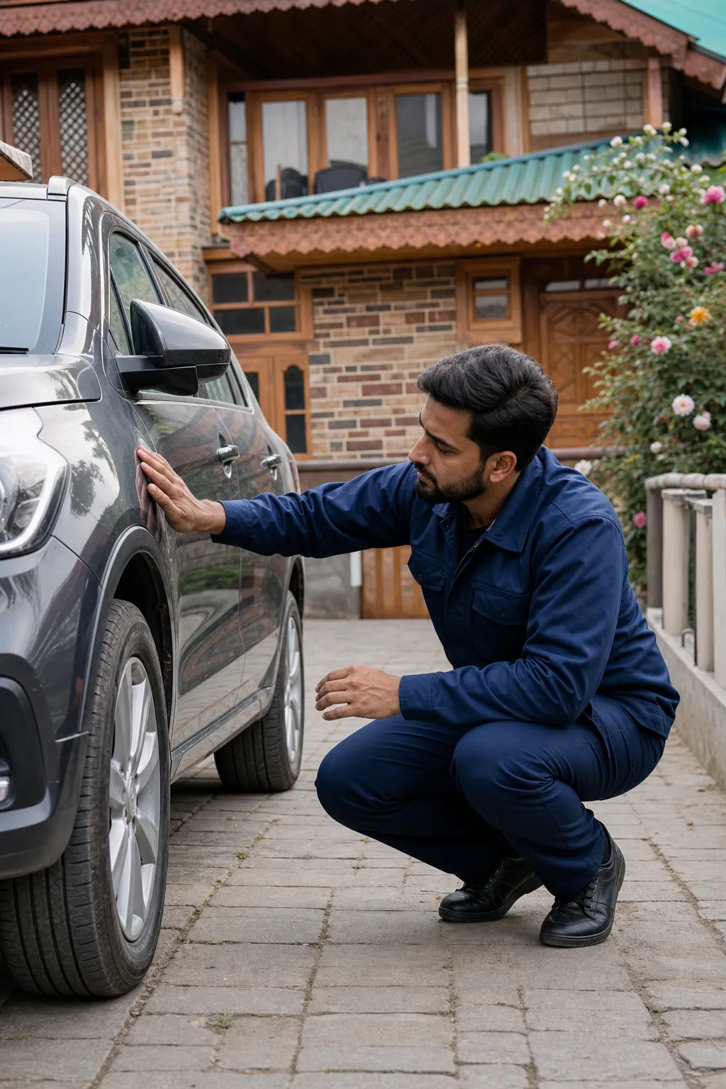 Vehicle care service outside a Kashmiri home