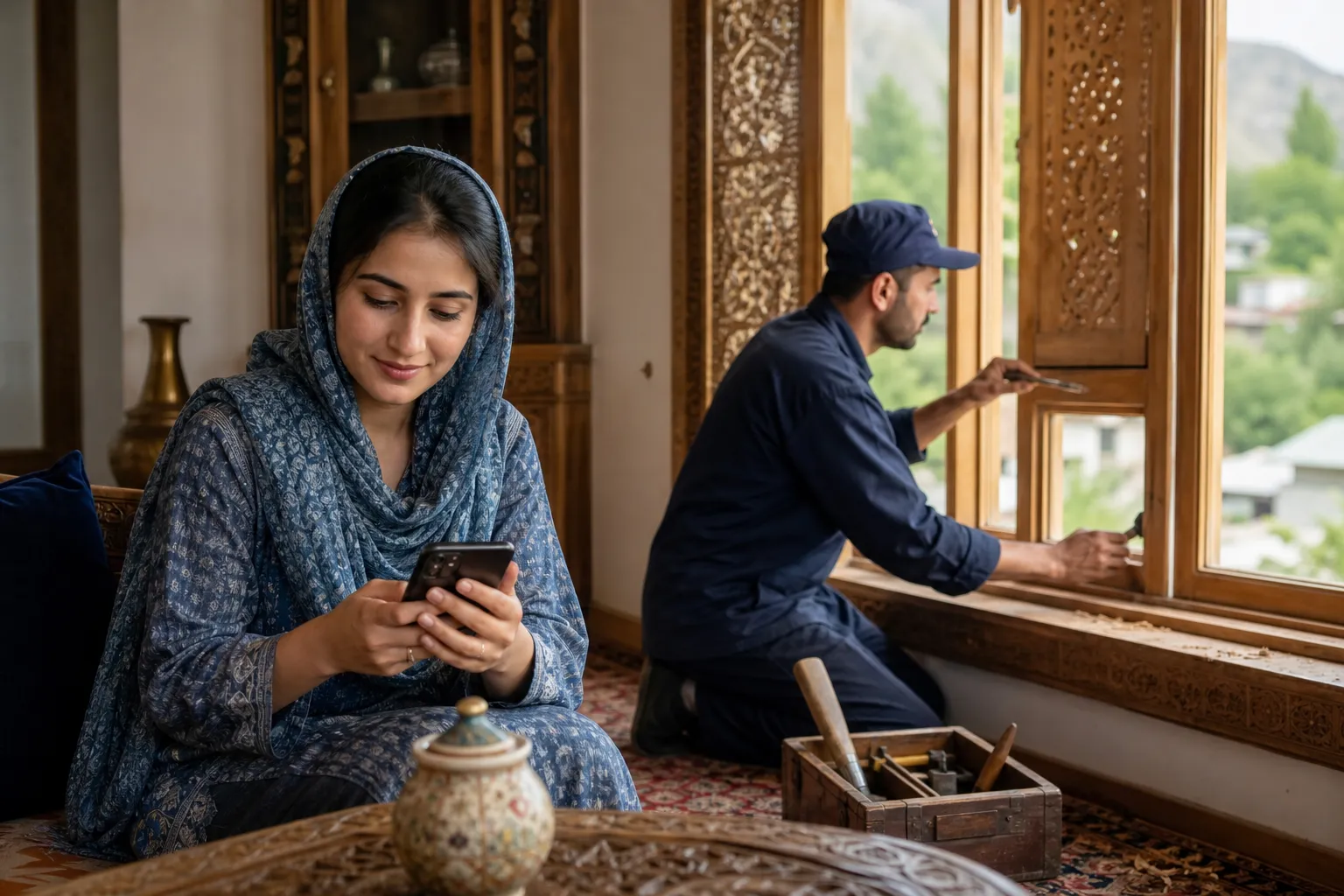 Tradition and technology in a Kashmiri home — booking help while a local craftsman works