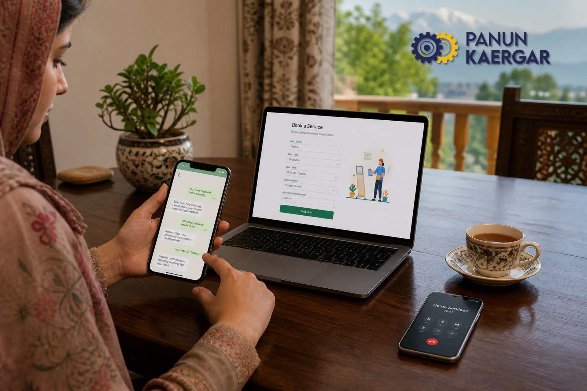 Multi-channel home service booking in Kashmir — website form, phone, and chat on a dining table