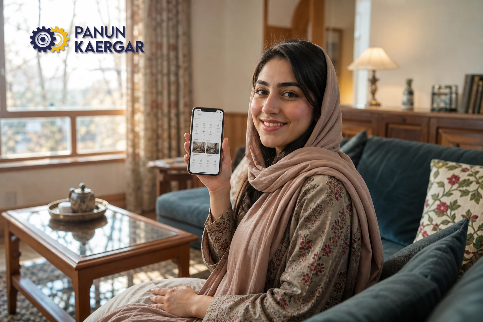 Kashmir customer booking home services on the Panun Kaergar app in a Srinagar living room