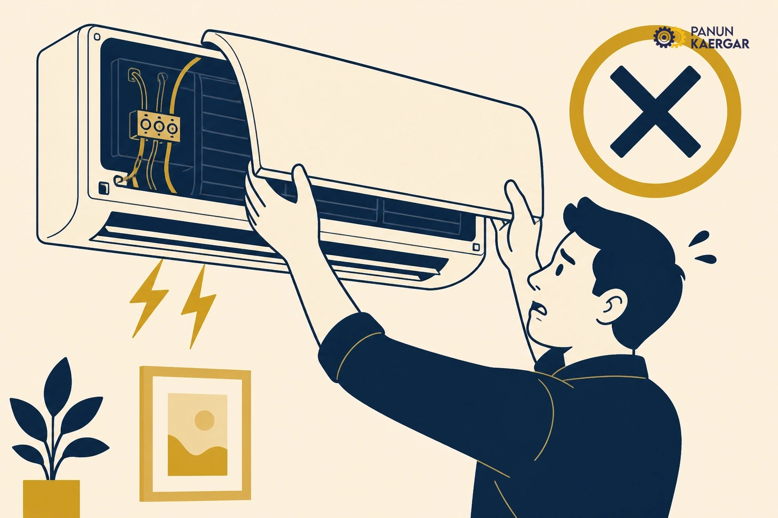 Person removing AC cover while unit still plugged in and running