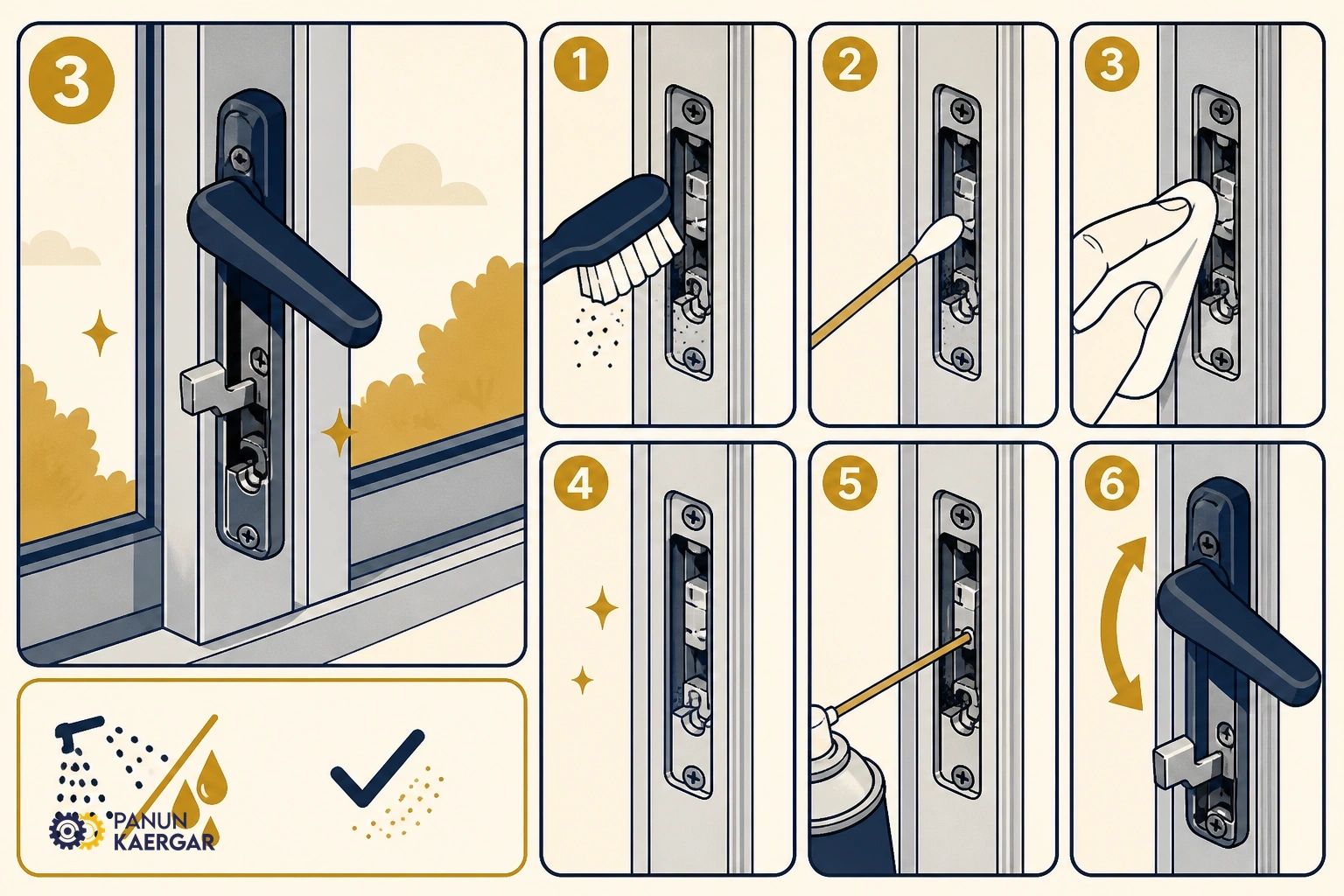 Clean and dry-lube the lock — Use compressed air or a soft brush; apply graphite or silicone sparingly, not thick oil