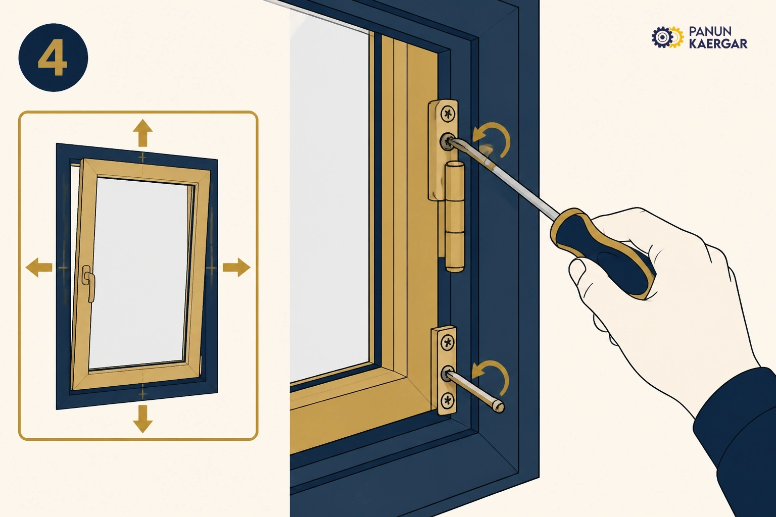 Tighten hinges and frame screws — Check that the sash sits square and fixings are snug without over-tightening