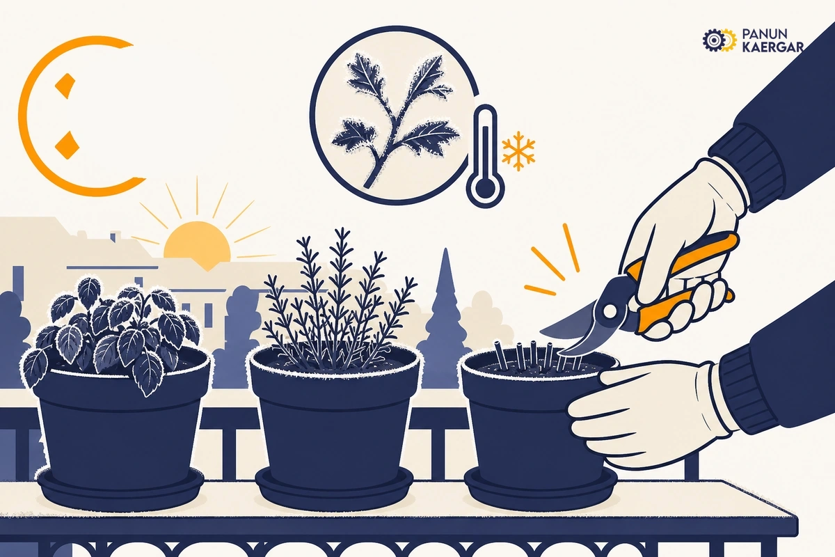 Hand cutting balcony herb pots down to soil level morning after frost