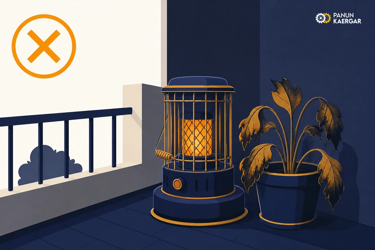 Balcony plant pot placed directly beside bukhari heater in dark corner