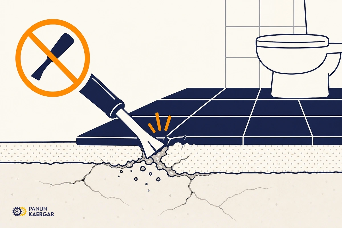 Tool digging aggressively under bathroom tile into soft plaster bed