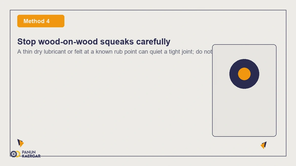 Stop wood-on-wood squeaks carefully — A thin dry lubricant or felt at a known rub point can quiet a tight joint; do not soak ...