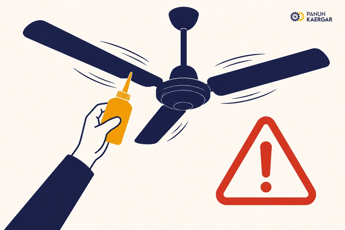 Hand reaching toward spinning ceiling fan with oil bottle