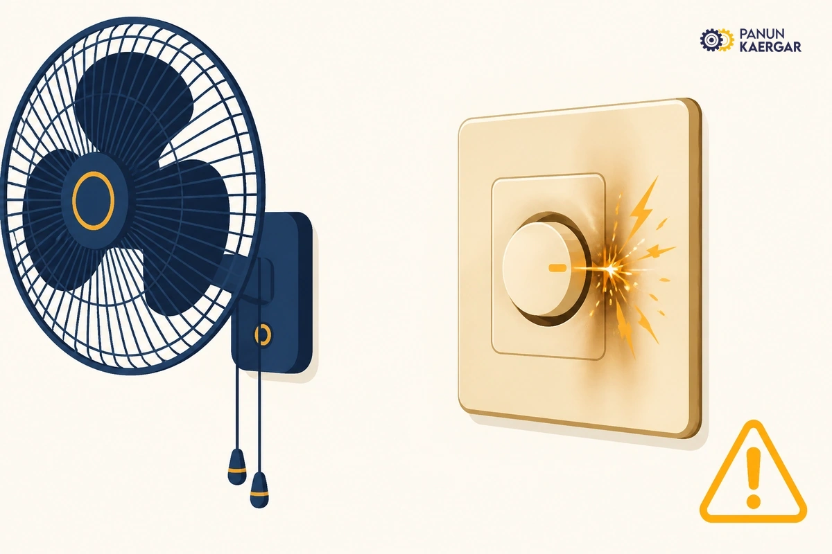 Wall fan regulator with spark icon and warm switch plate