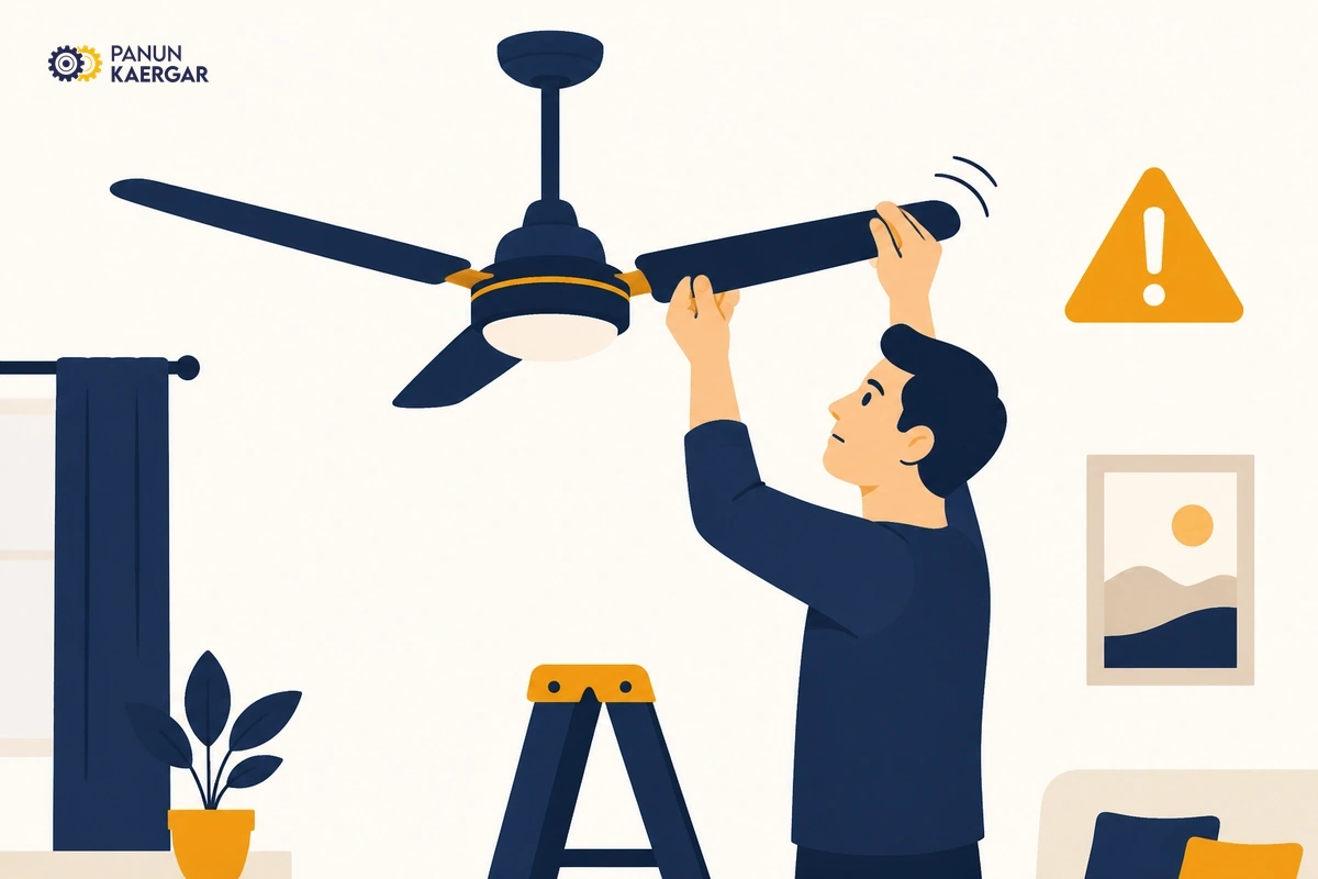 Person bending ceiling fan blade by hand