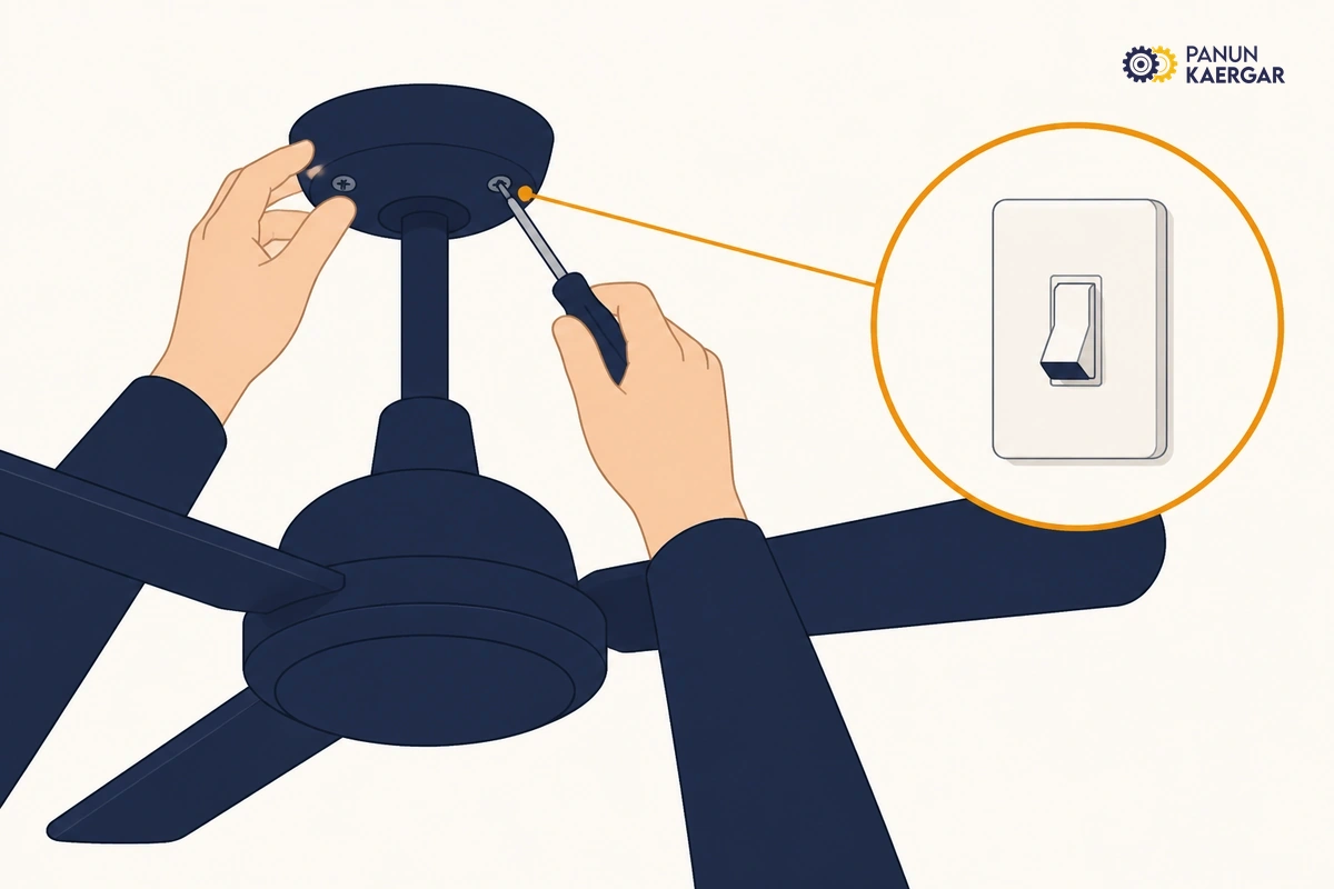Kill power and tighten the canopy — Switch off the fan and MCB if needed, then snug the canopy and downrod screws without s...