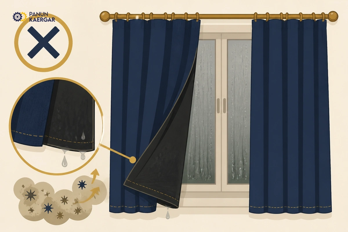 Heavy curtain rehung with visibly damp blackout lining at window