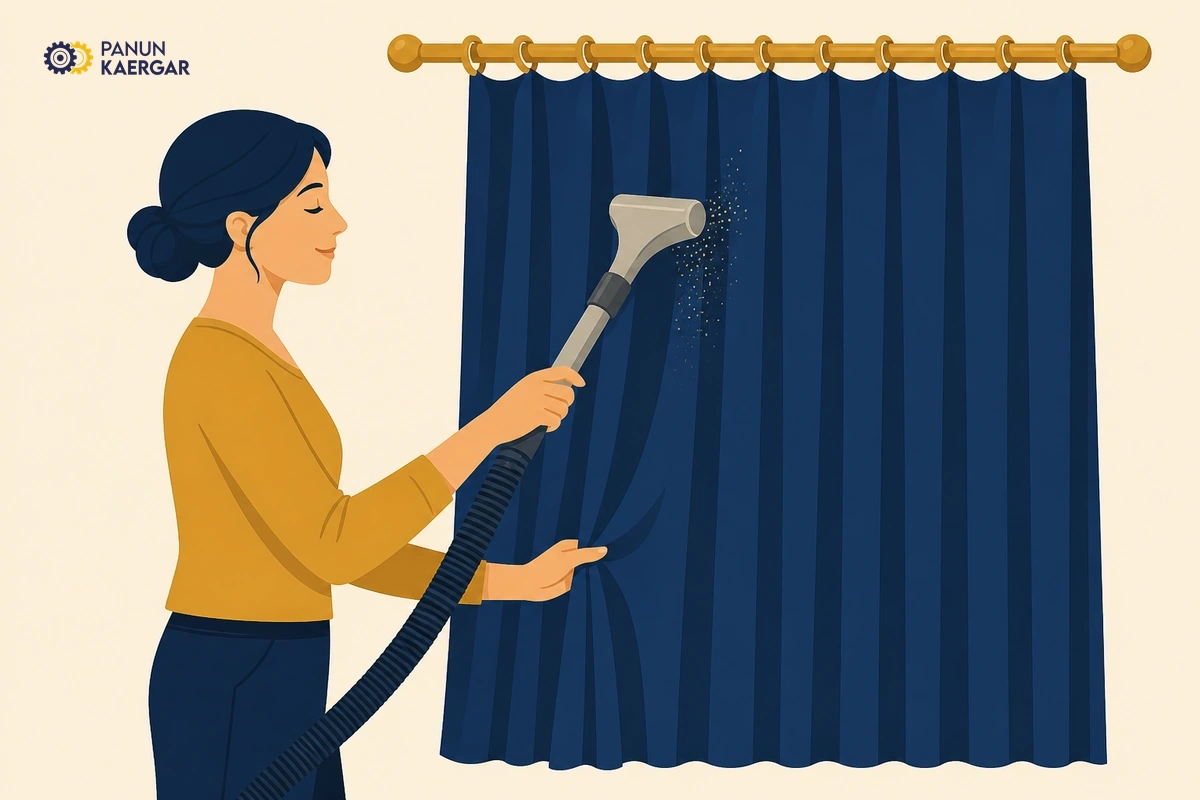 Vacuum from top to hem — Use a clean upholstery attachment on low suction while the curtain hangs; support delic...