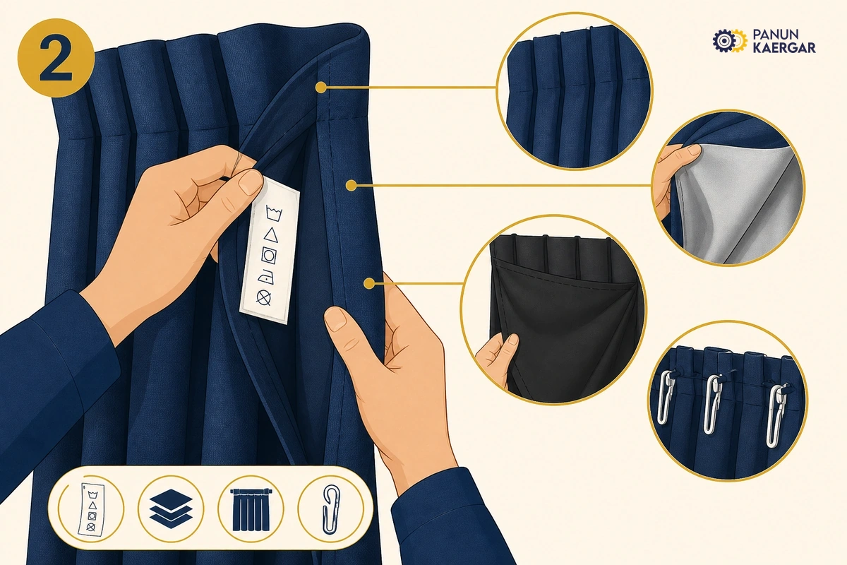 Read the label and inspect the lining — Check the face fabric, blackout backing, embroidery, hooks, and lining — the least wash...