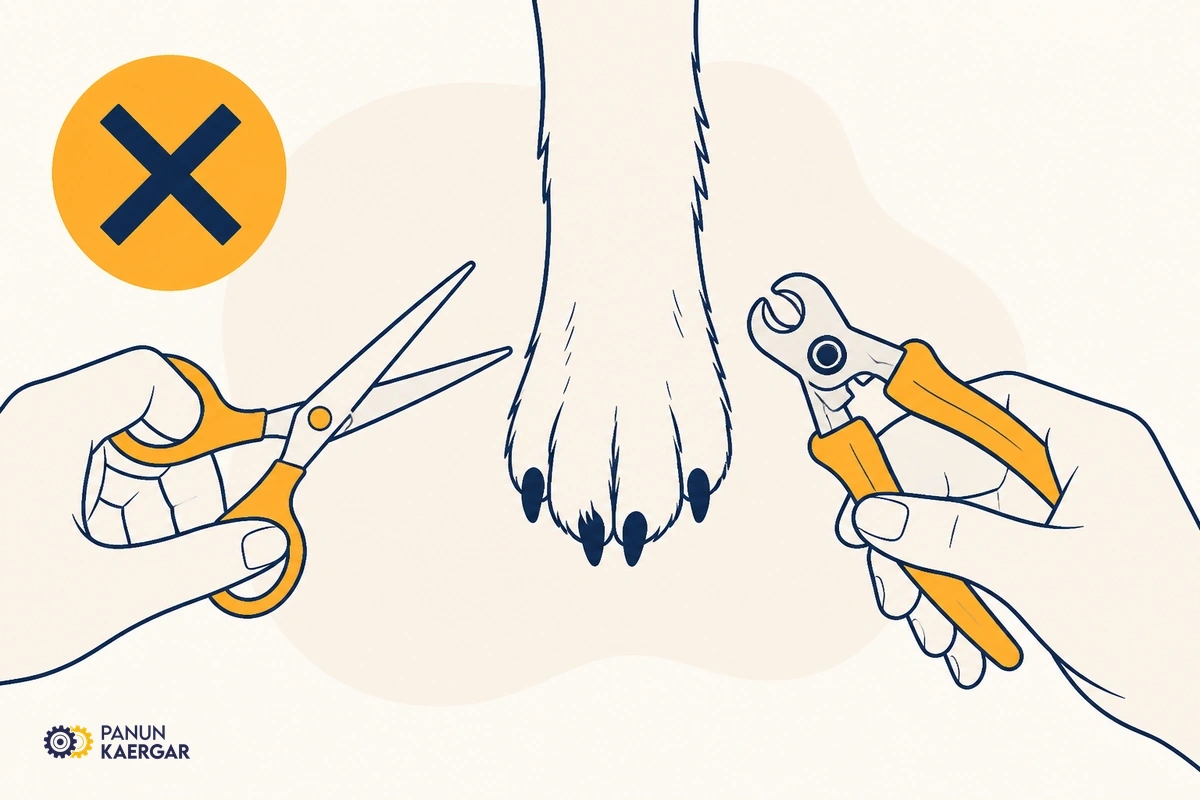 Kitchen scissors and human nail clippers held toward a dog paw