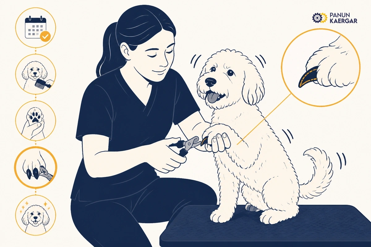 Book dog nail clipping — A groomer can restrain safely, trim dark nails in stages, and handle curled dew claws w...