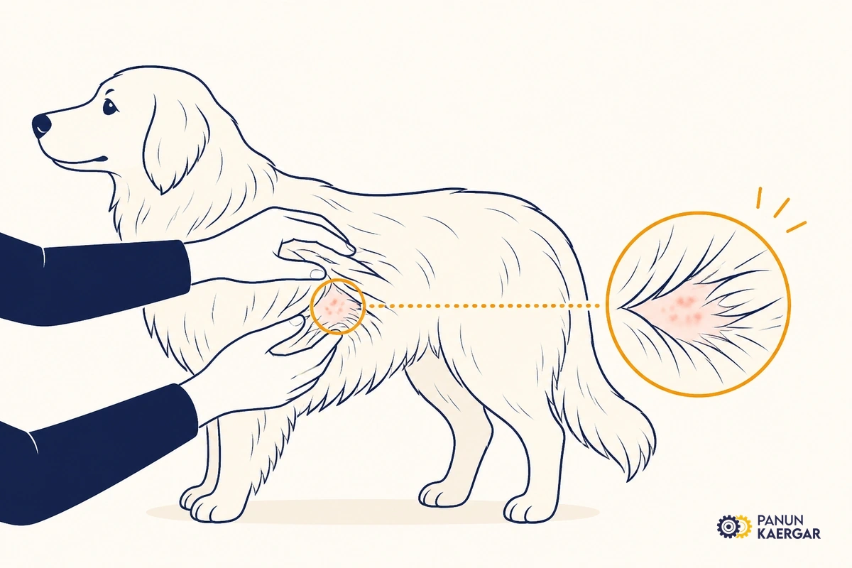 Parting a dog's coat to check skin for redness before bathing