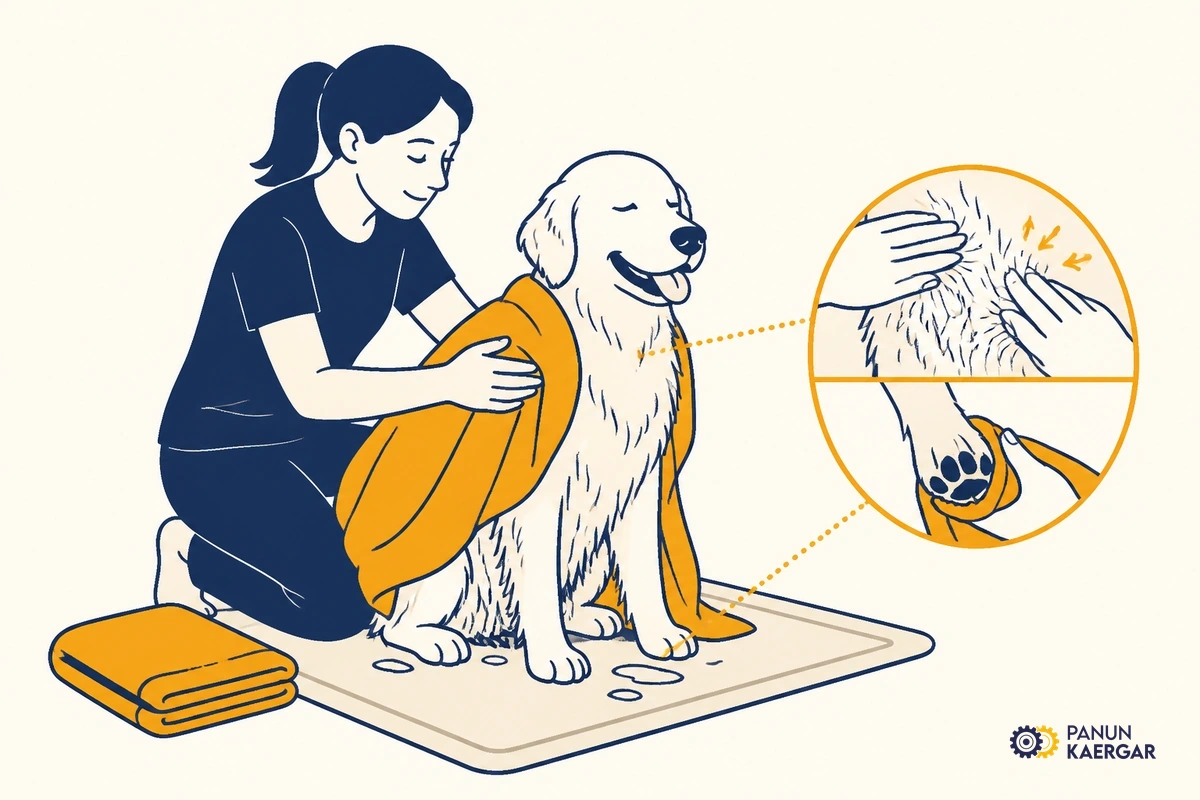 Towel-drying a dog thoroughly after rinsing out shampoo