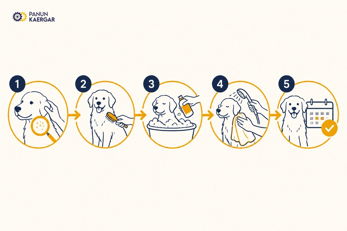 Five-step method ladder for bathing a smelly dog safely at home in Kashmir