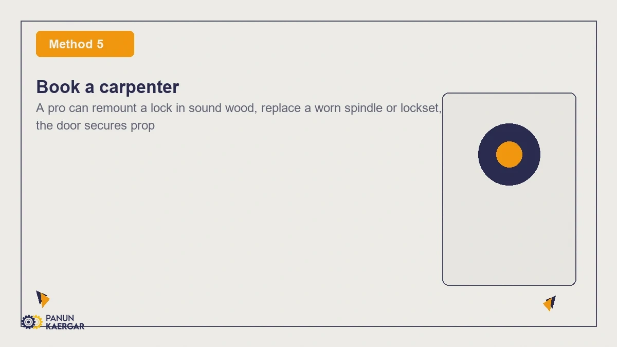 Book a carpenter — A pro can remount a lock in sound wood, replace a worn spindle or lockset, and align th...