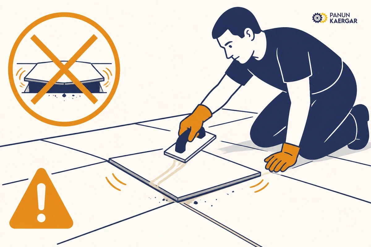 Person regrouting around a visibly rocking floor tile