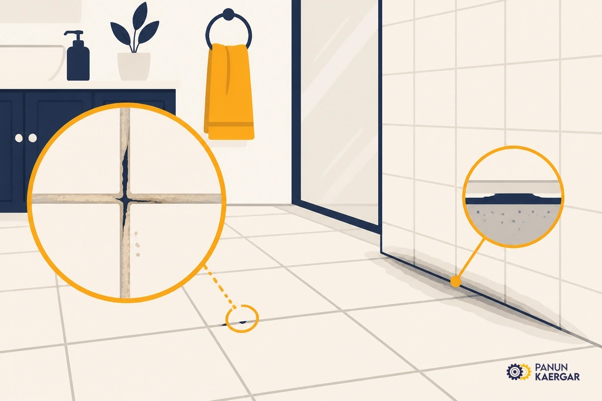 Check grout and wet zones — Look for missing grout, dark damp lines, or soft edges — water under tiles often explai...