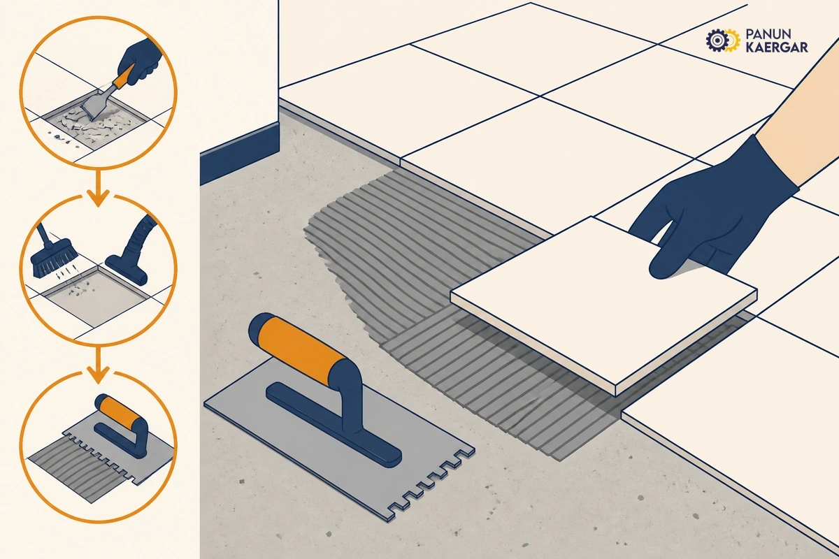 Clean and rebed a small repair — Clear old adhesive, dry the base, and reset with suitable tile adhesive so the tile sit...