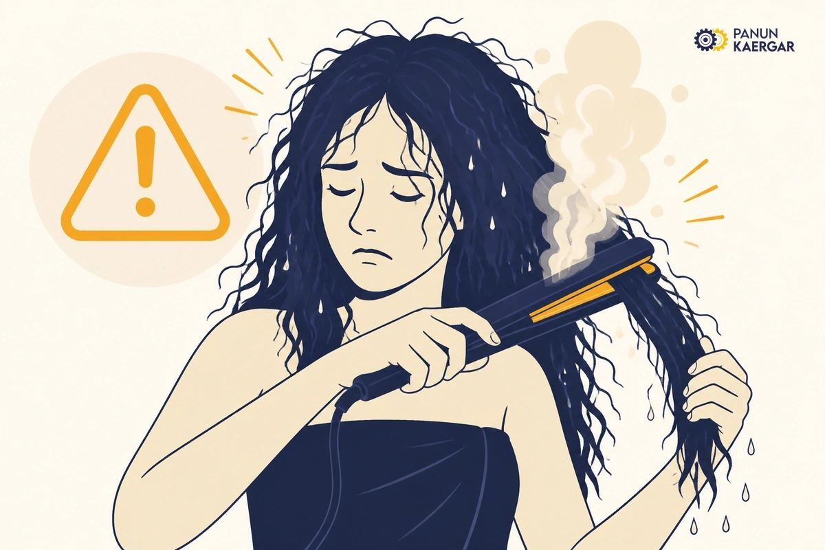 Hair straightener on hottest setting on soaking wet frizzy hair