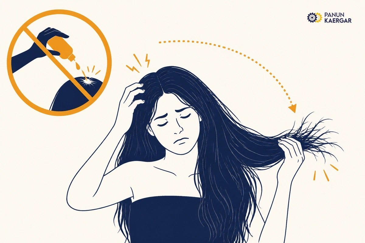 Heavy oil poured onto itchy scalp while hair ends stay dry