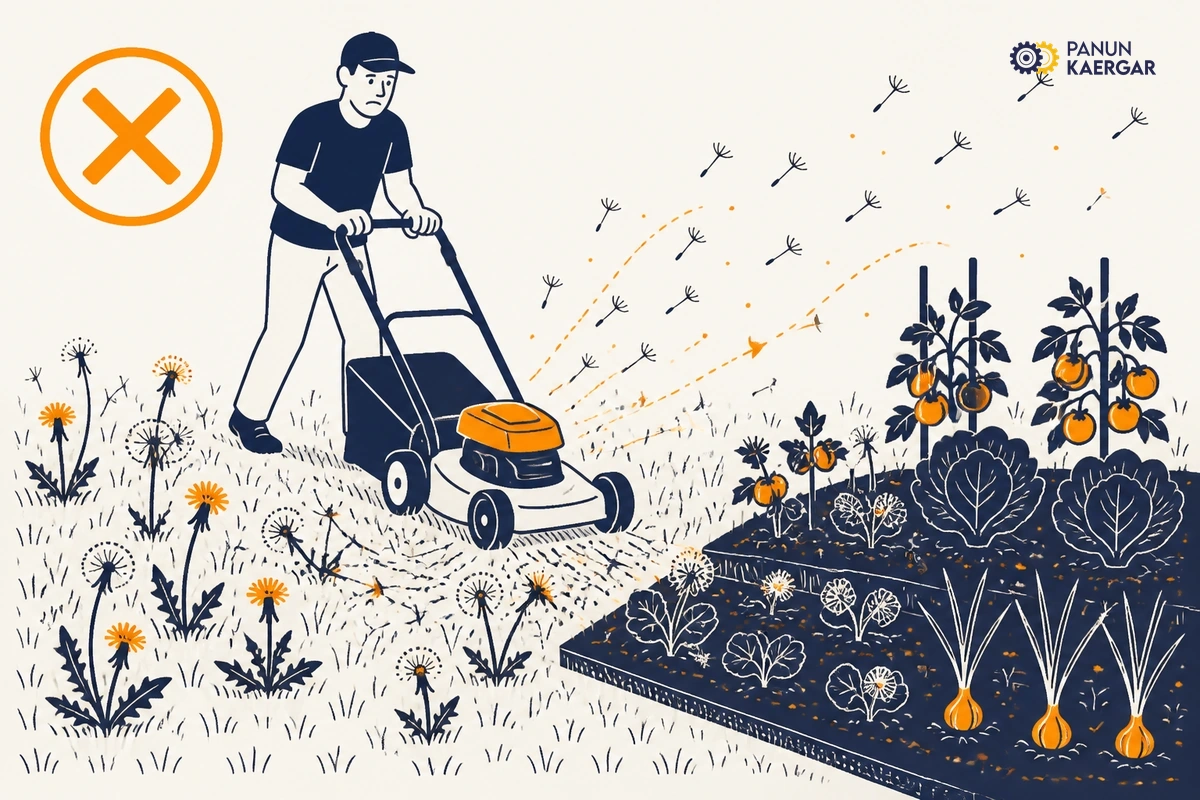 Lawn mower cutting flowering weeds and scattering seed heads across grass