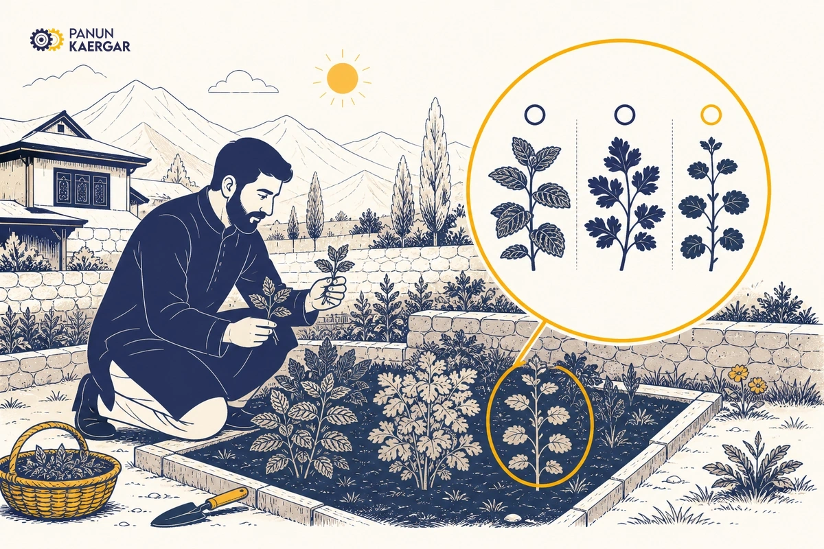 Identify before you pull — Walk the plot in daylight and mark mint, haakh, and coriander before yanking lookalikes...
