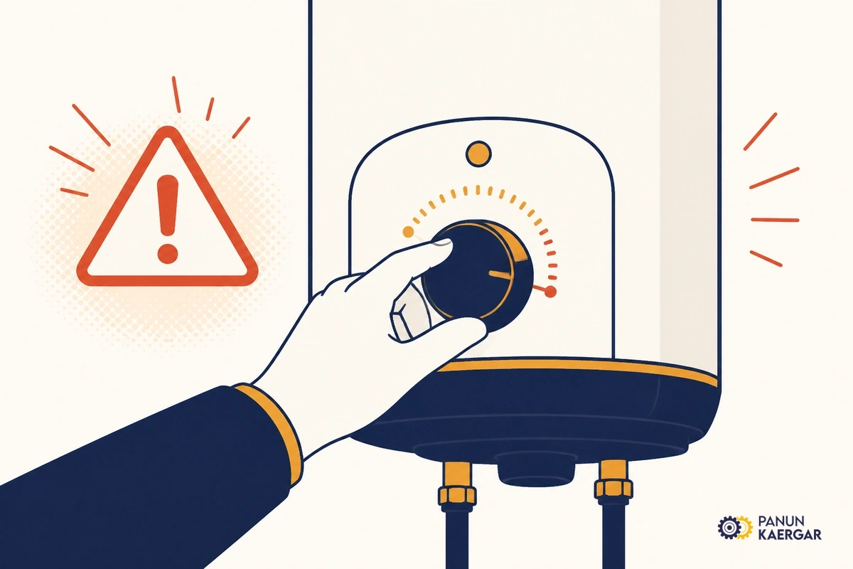 Hand turning geyser thermostat dial to maximum on lukewarm shower morning
