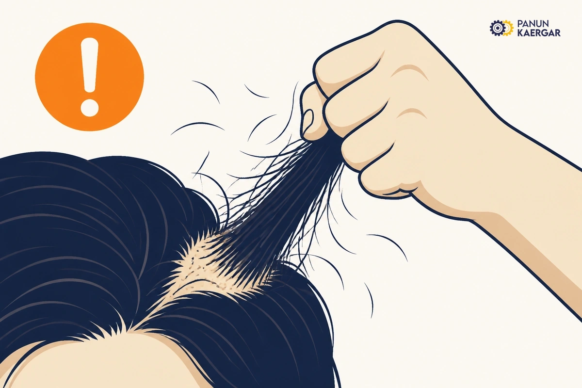 Hand yanking large clump of hair from scalp to test hairfall