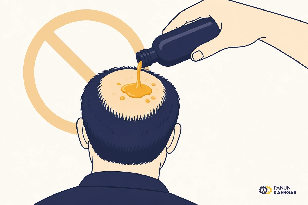 Oil bottle poured onto round bald patch on scalp