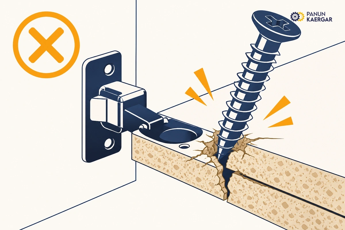 Large screw forced into crumbling kitchen cabinet chipboard hinge hole