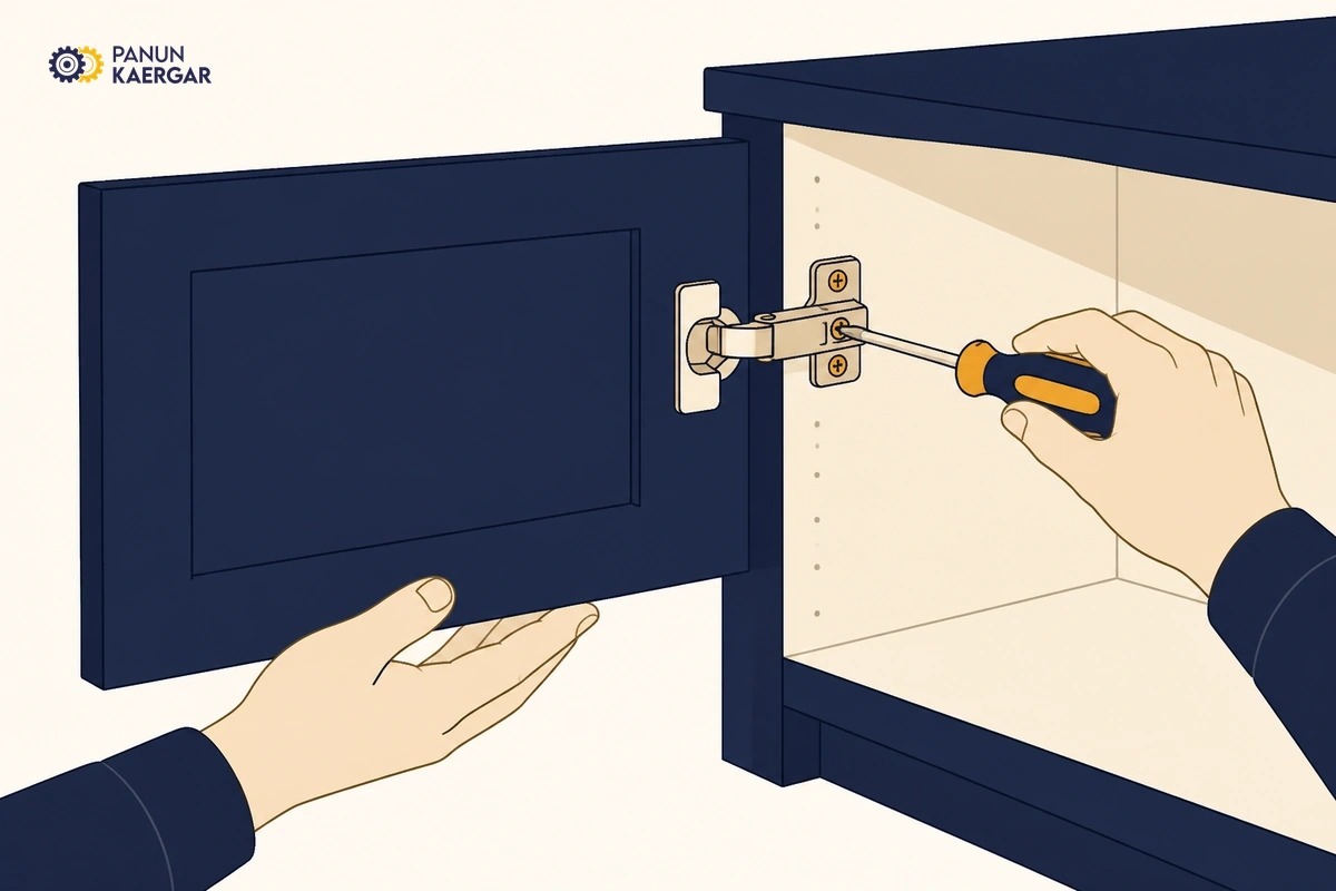 Support the door and snug the screws — Have someone hold the door level, then tighten the hinge screws into the carcass and do...
