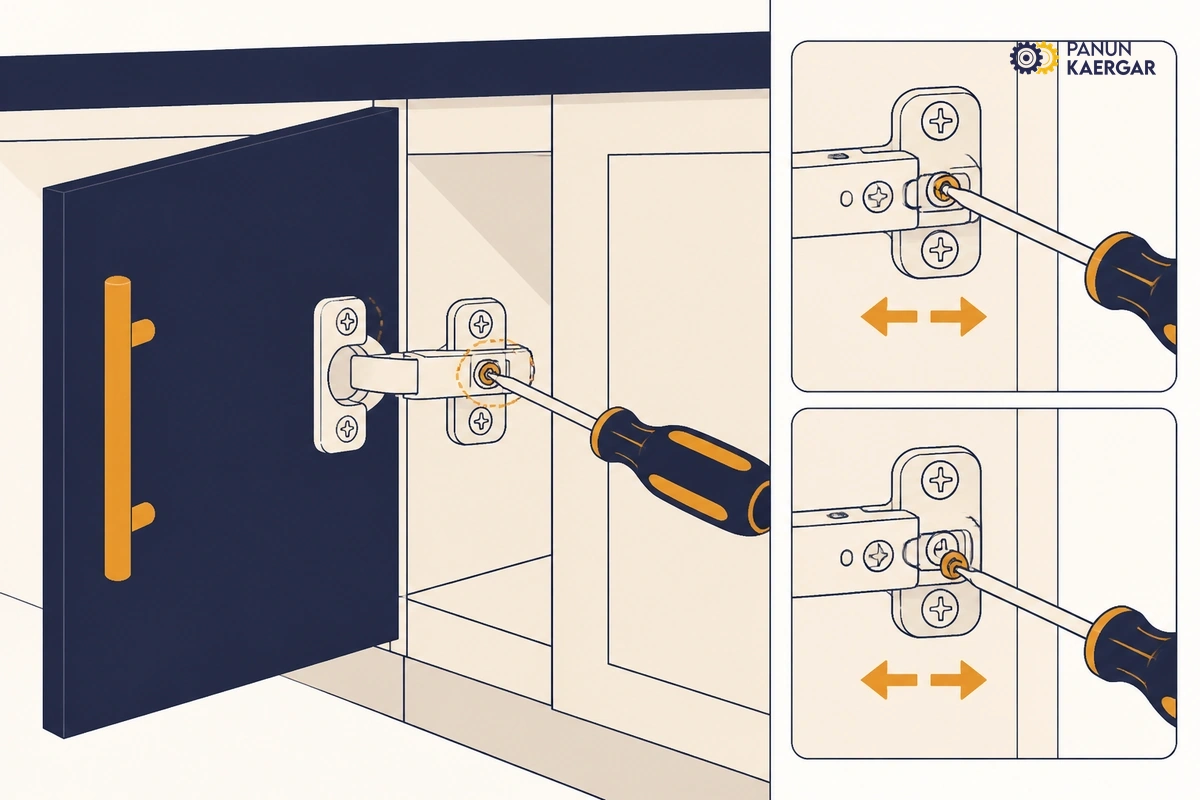 Adjust the cup-hinge screws — Use the side and depth adjustment screws in small turns so the door aligns with its nei...