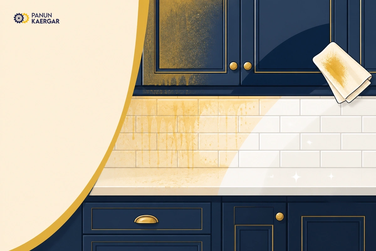 Degrease cabinet fronts and tiles — Use a kitchen degreaser on a cloth, test a hidden spot first, and wipe vertically to av...