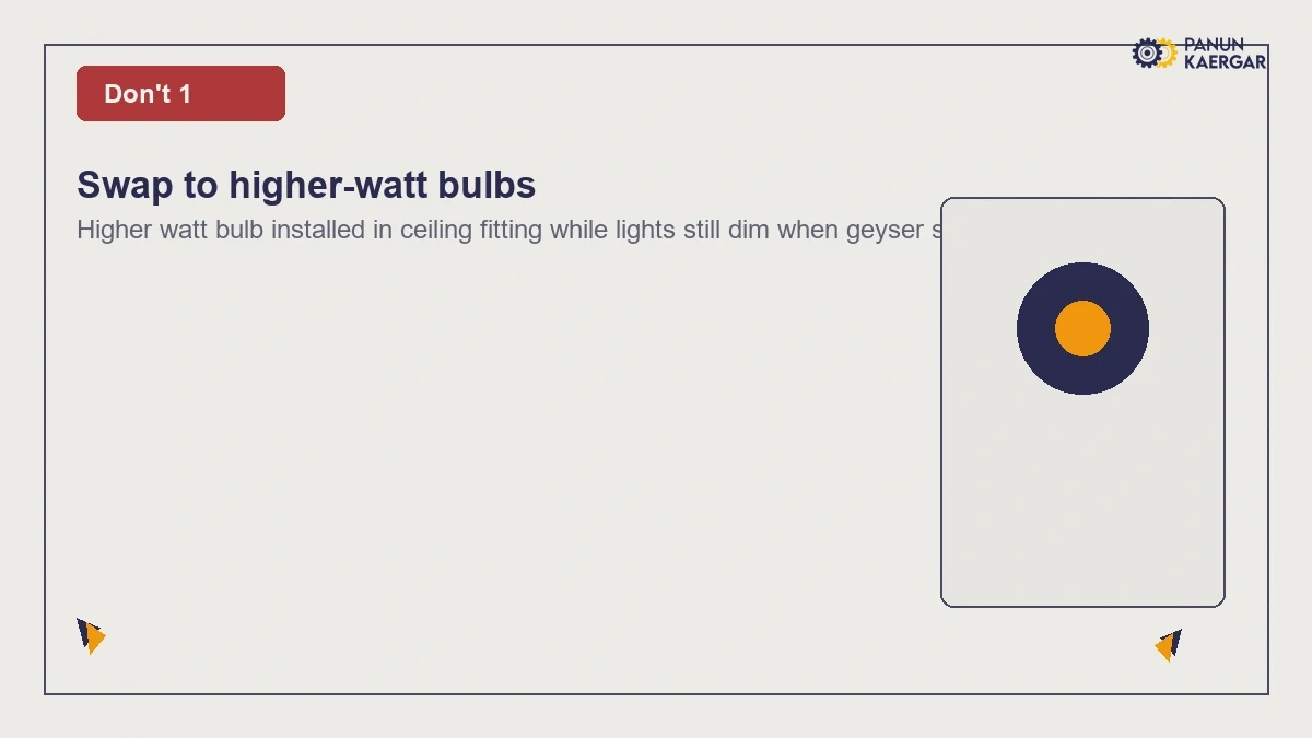 Higher watt bulb installed in ceiling fitting while lights still dim when geyser starts
