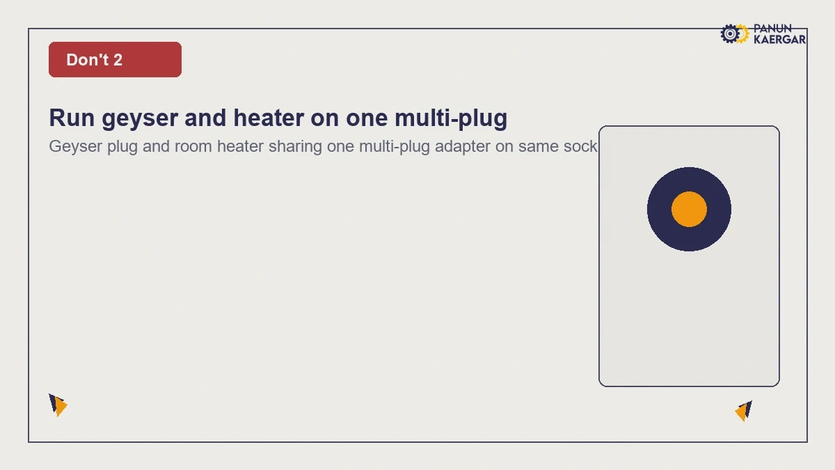 Geyser plug and room heater sharing one multi-plug adapter on same socket
