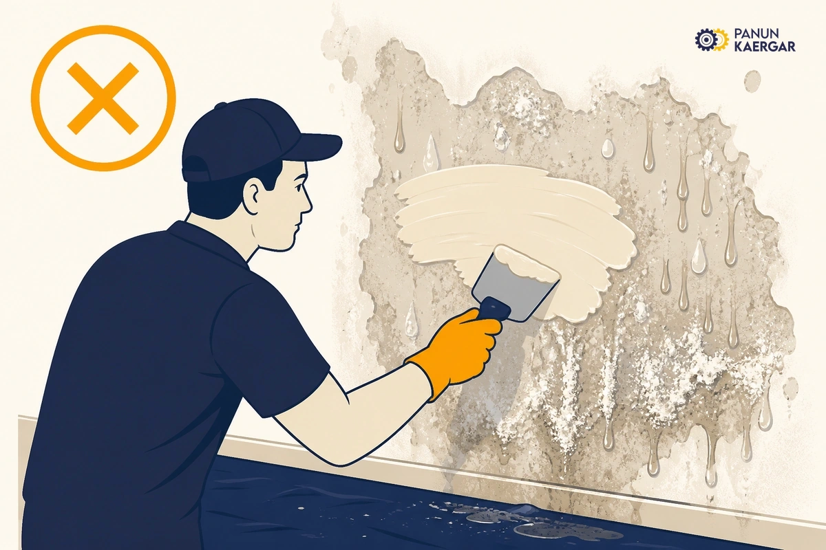 Person skimming wet blistered plaster with fresh putty over damp wall