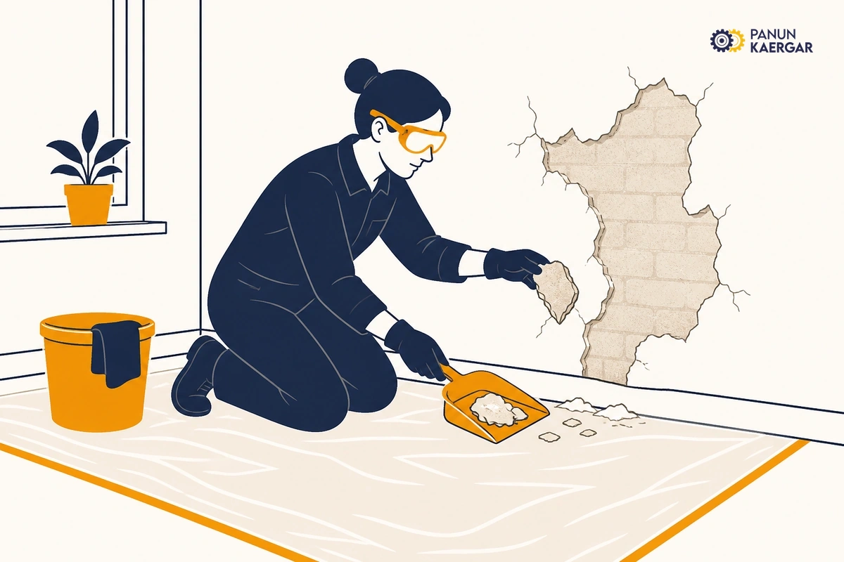 Contain loose flakes safely — Clear the floor under the patch, wear eye protection, and peel only what already lifts;...