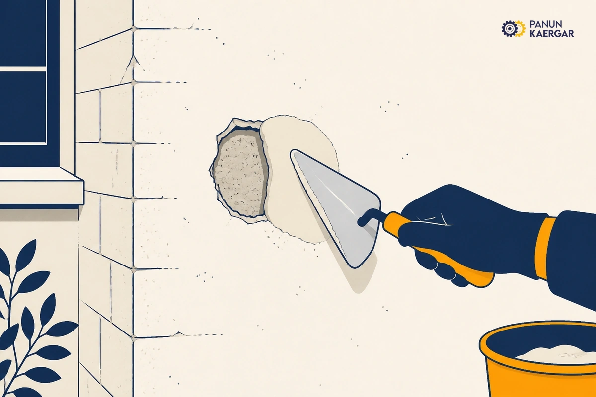 Patch a small dry hollow — Remove failed skim to a firm edge, dampen lightly, and refill with suitable plaster so ...