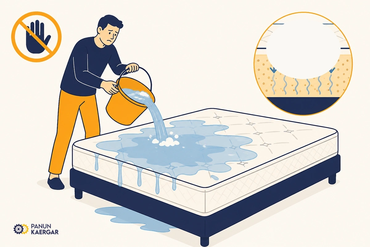 Bucket of soapy water poured onto mattress foam creating wet patch