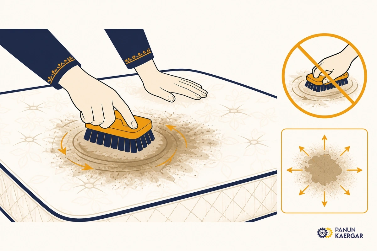Hand scrubbing mattress stain in hard circles spreading the mark
