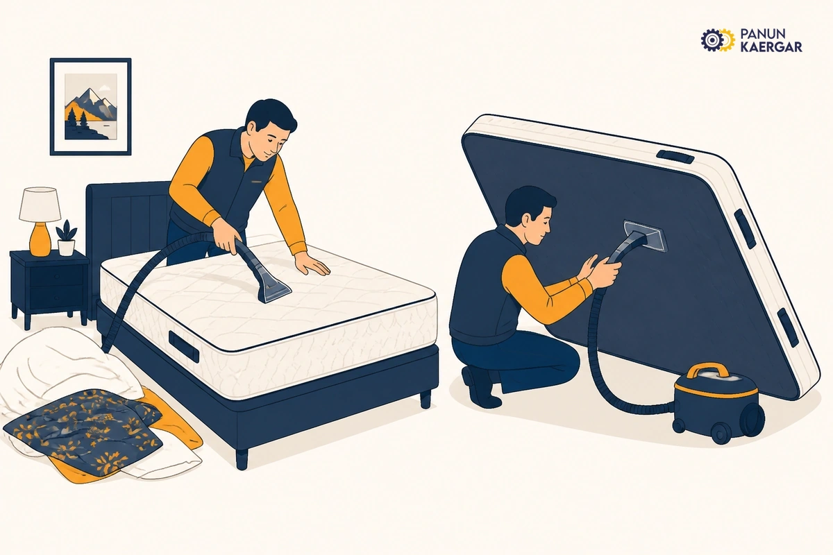 Strip and vacuum both sides — Remove all covers, vacuum the top, sides, and underside with an upholstery tool, and em...