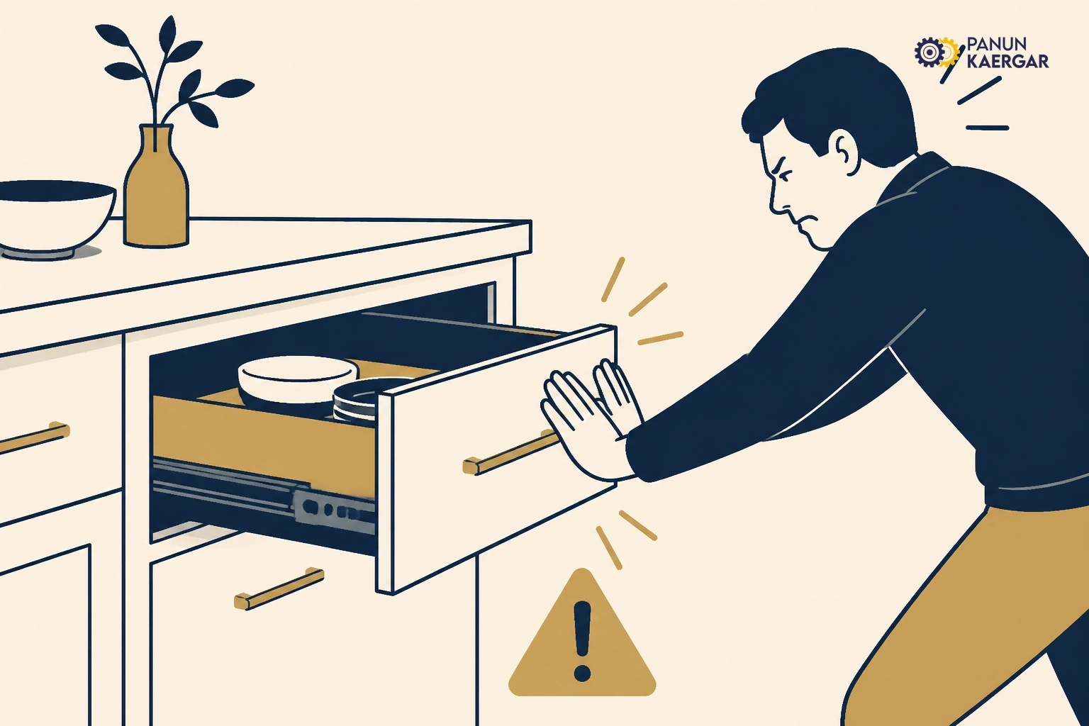 Person forcing stuck modular kitchen soft-close drawer closed hard