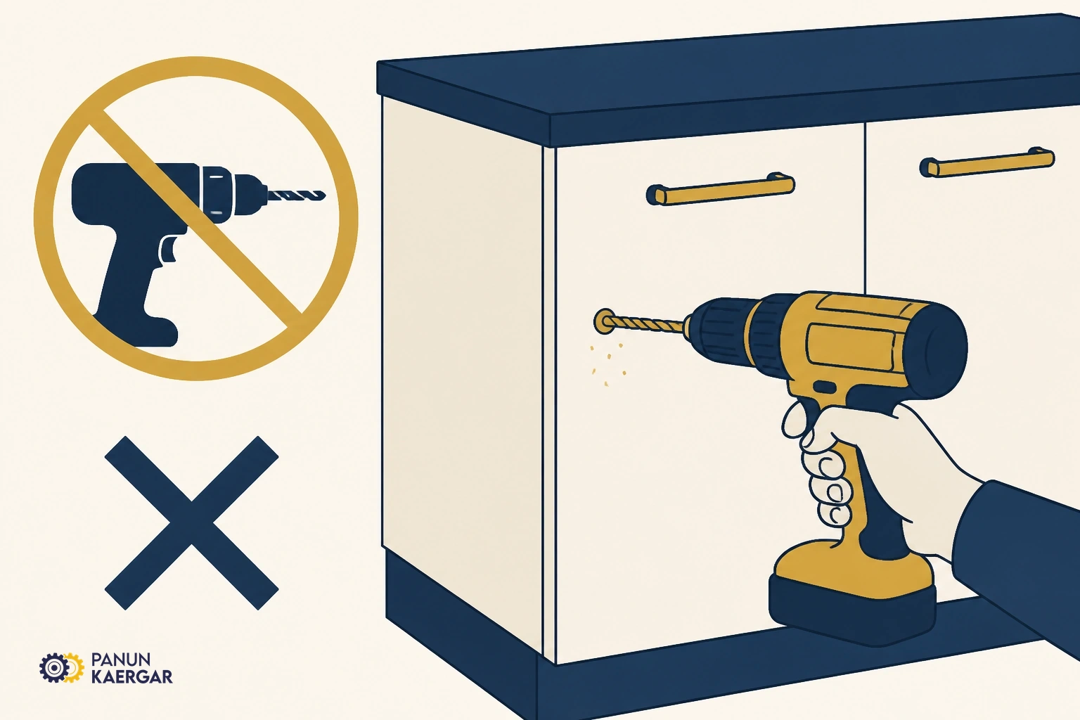Drill making new hole in modular kitchen cabinet door front